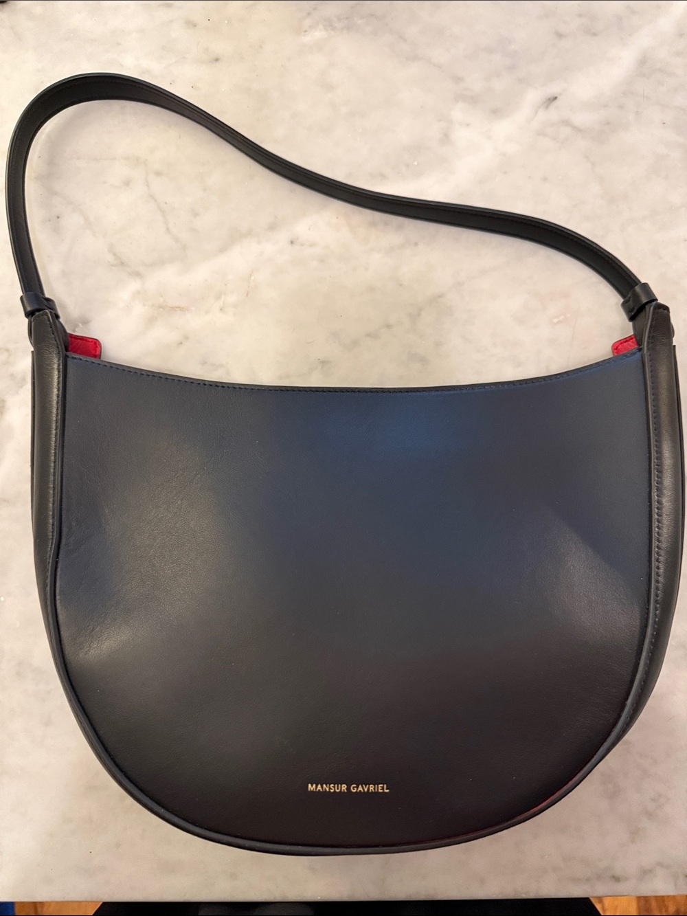 Mansur Gavriel Black Leather Moon Shoulder Bag with Red Accents